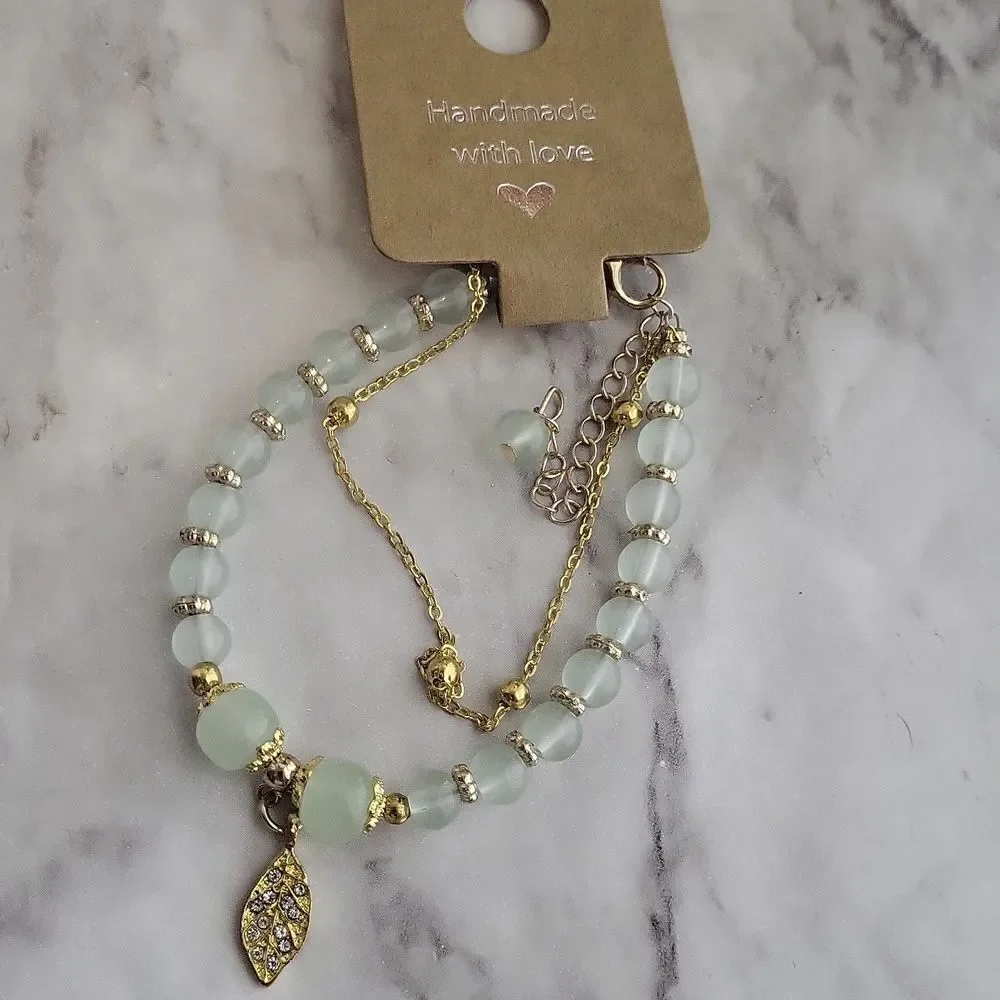 Double-Layer Green Jade Beaded Bracelet with Sparkling Golden Leaf Charm